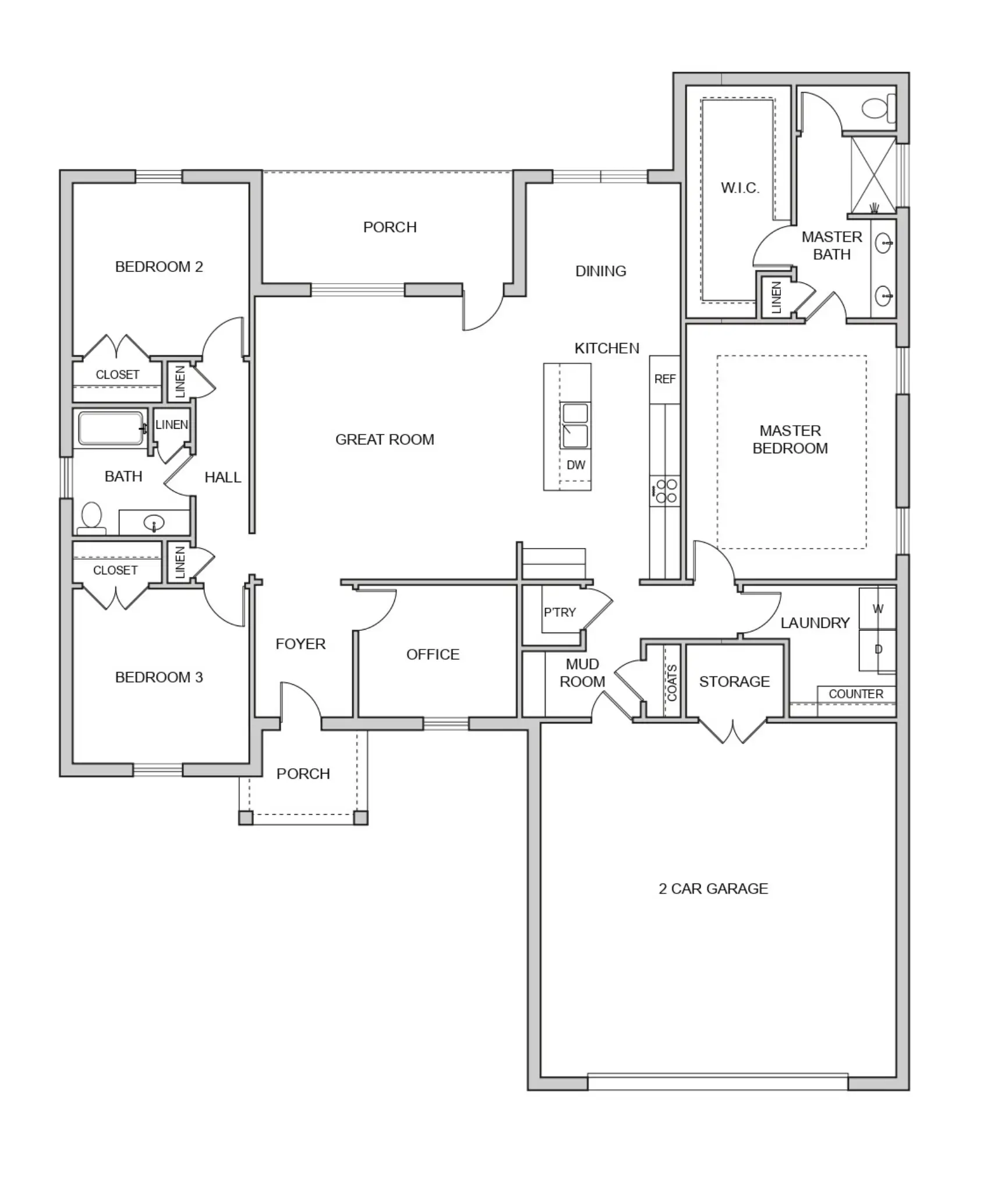 Kirkwood three-bedroom home floor plan with office, open living area, rear porch, and two-car garage.