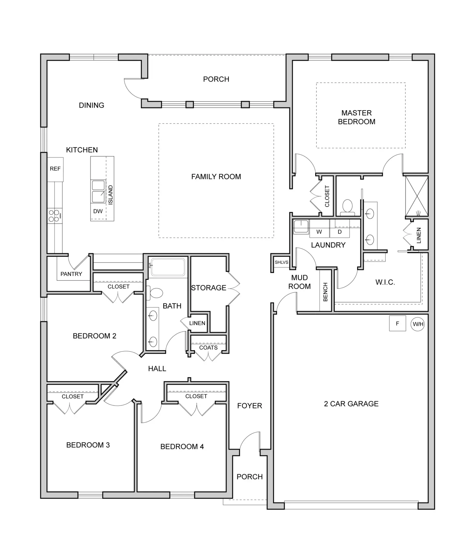 Rockwell four-bedroom ranch floor plan with open living area and attached two-car garage.