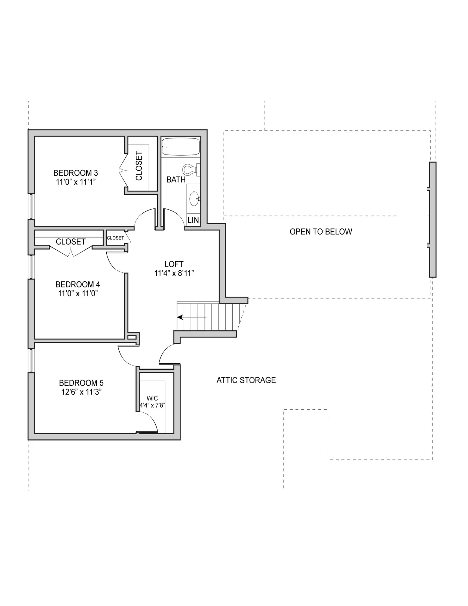 Theo second-floor plan with three bedrooms, loft, bathroom, attic storage, and open-to-below area.