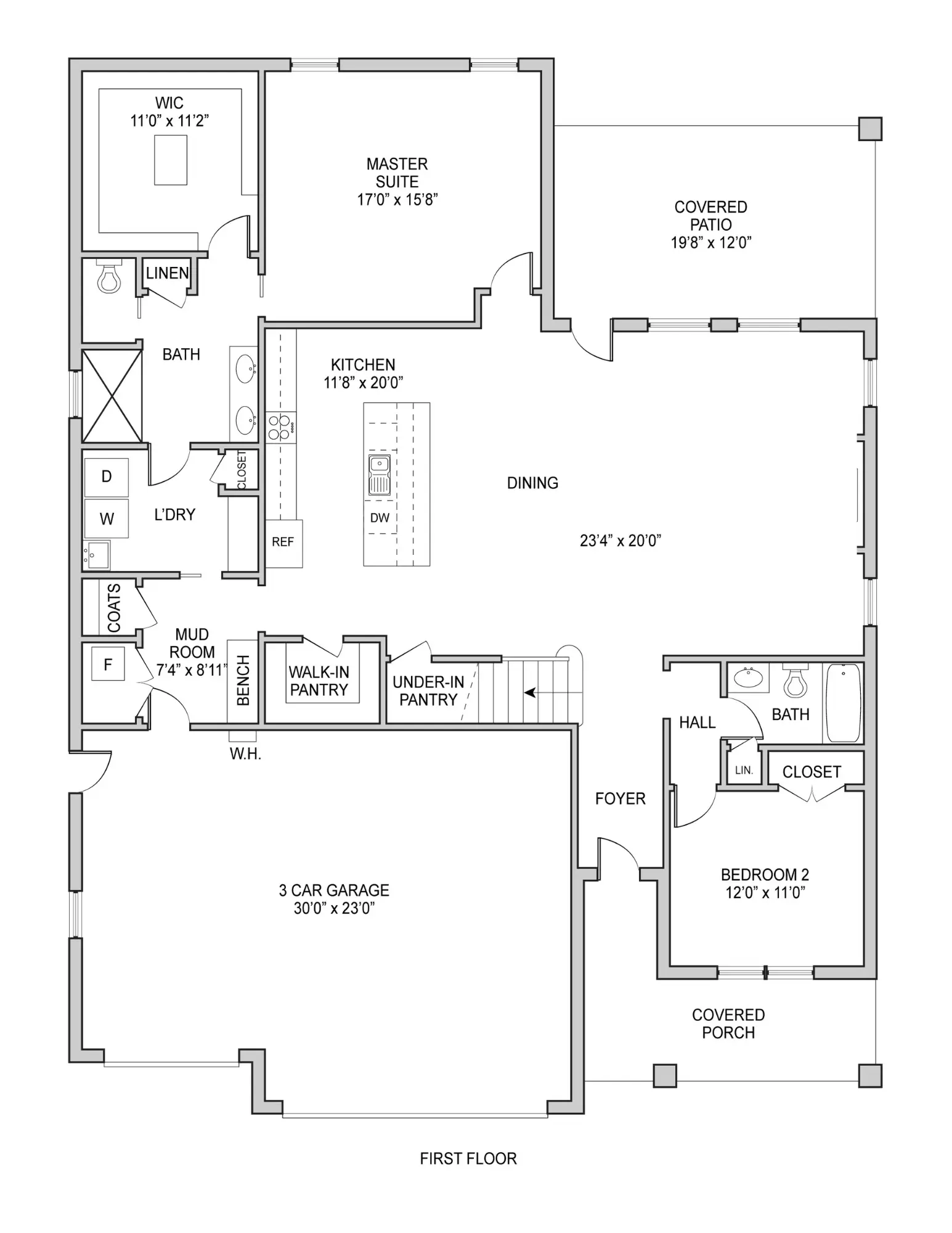 Theo first-floor plan with two bedrooms, covered patio, and three-car garage.