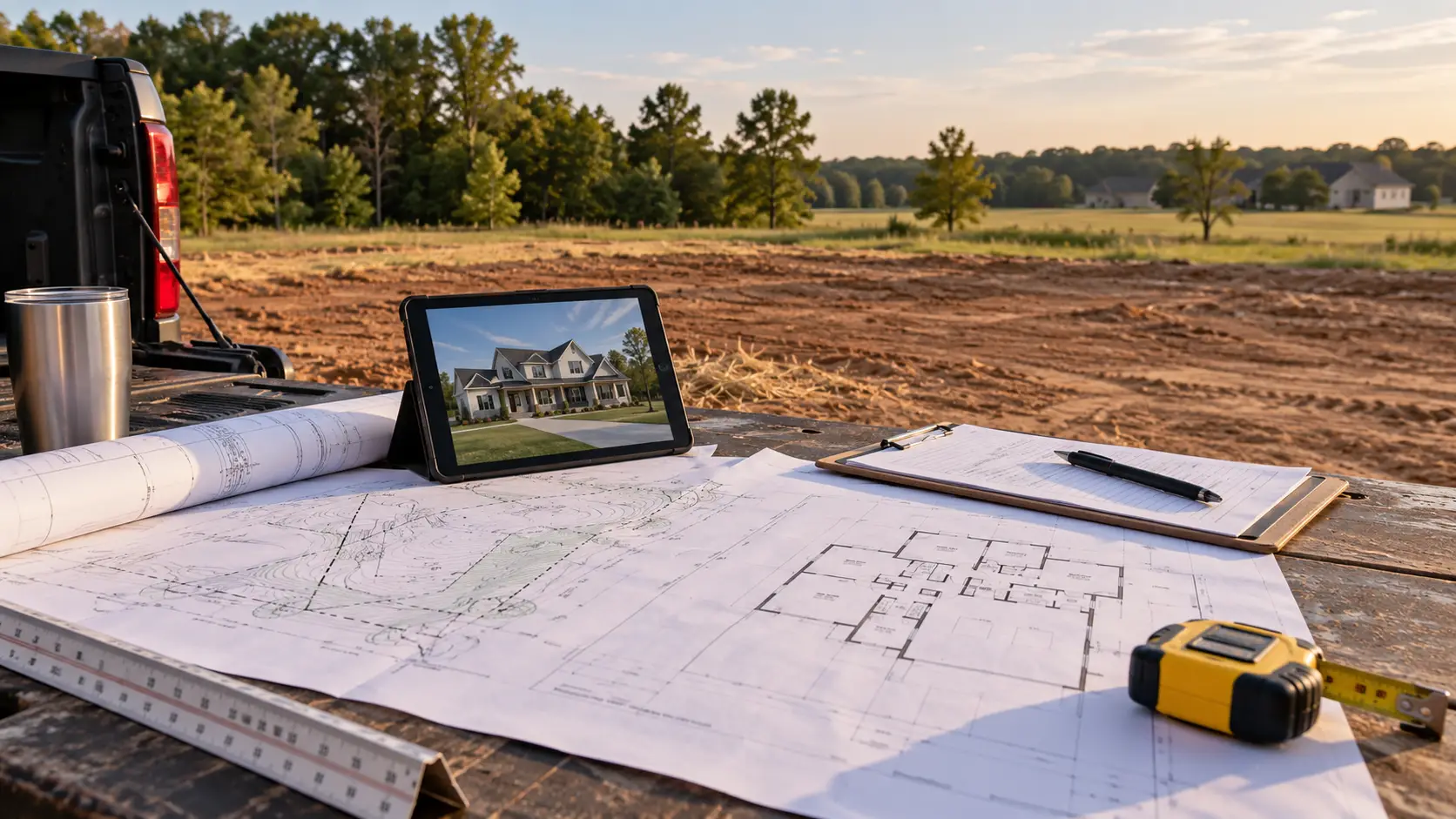 Blueprints, a tablet with a house image, and tools for build on my lot Evansville projects outdoors.