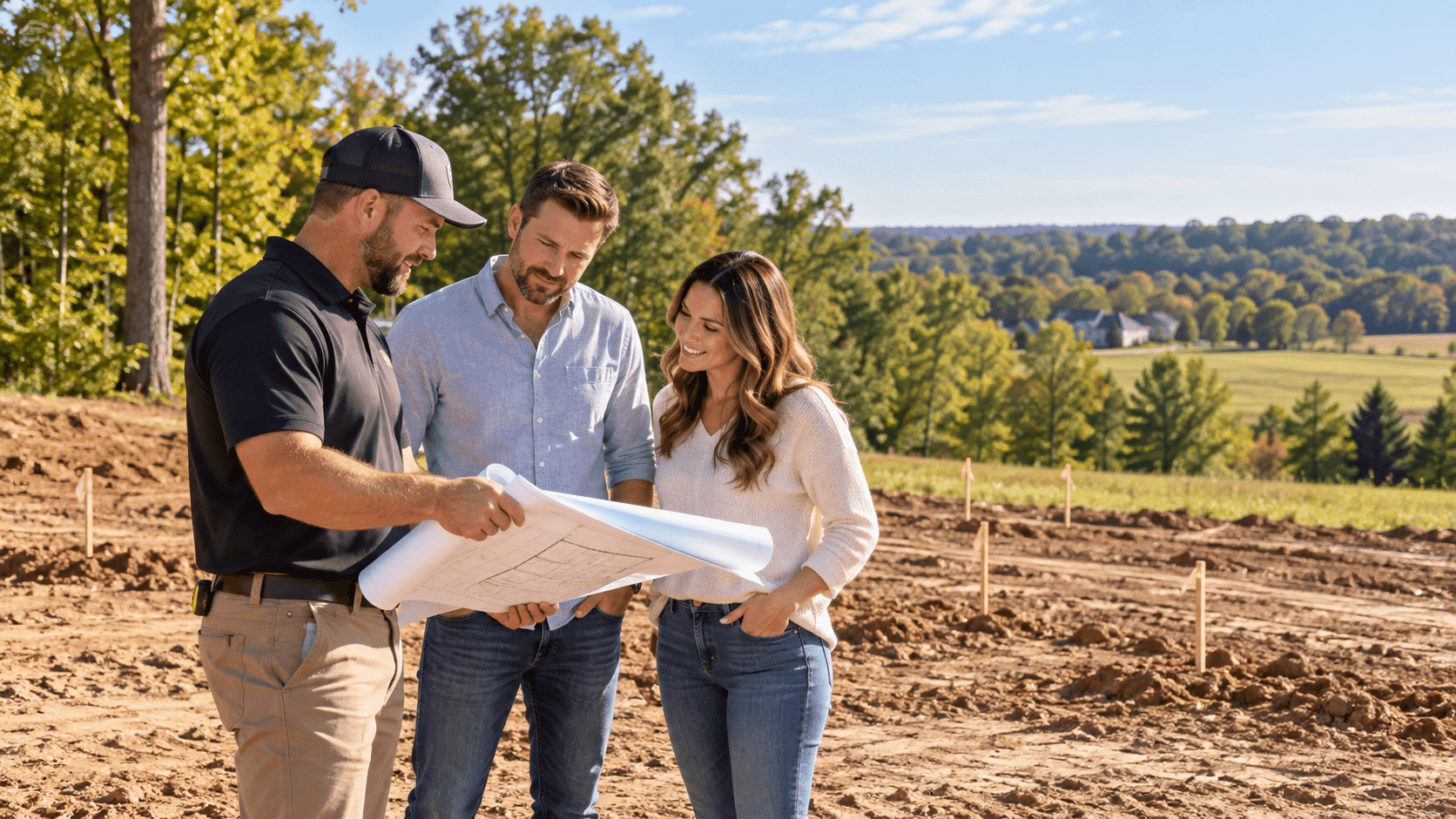 Three people stand outdoors on dirt, reviewing build on your own lot Evansville Indiana plans.