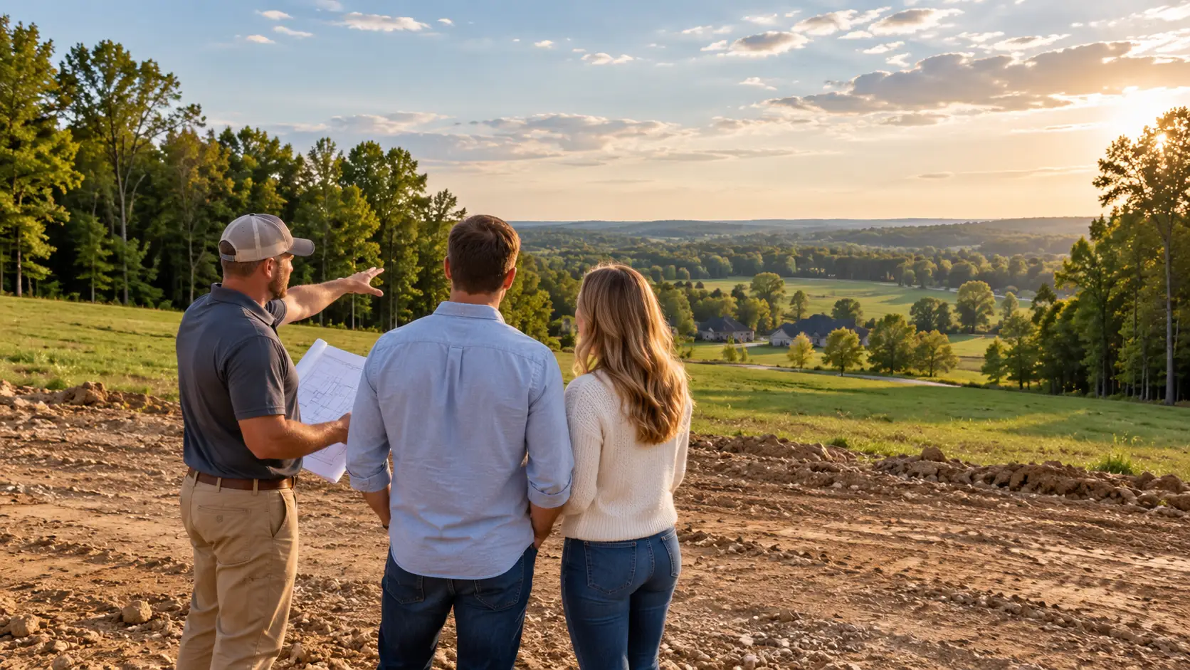 Three people survey a dirt lot in Indiana, considering buying land to build a house.