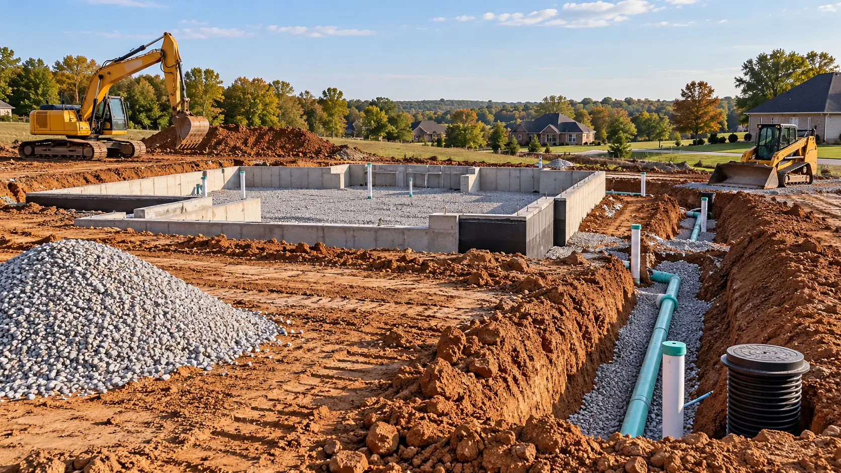 Excavators work around a house foundation, highlighting the cost to build on your own land Indiana.