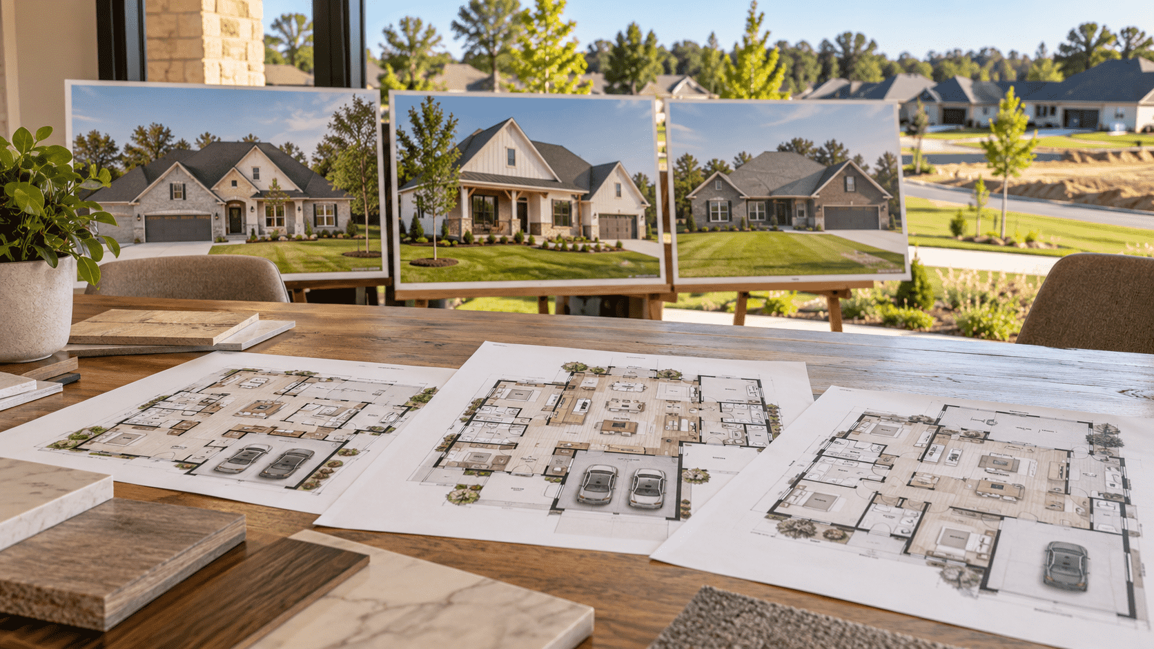 Home floor plans Evansville Indiana displayed with exterior photos and samples in a bright office.