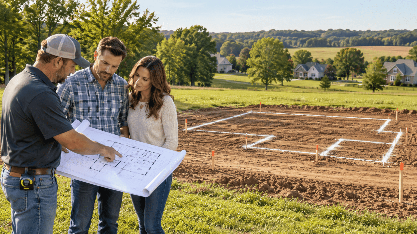 Three people review if the house plan will fit my lot beside a marked foundation in the country.