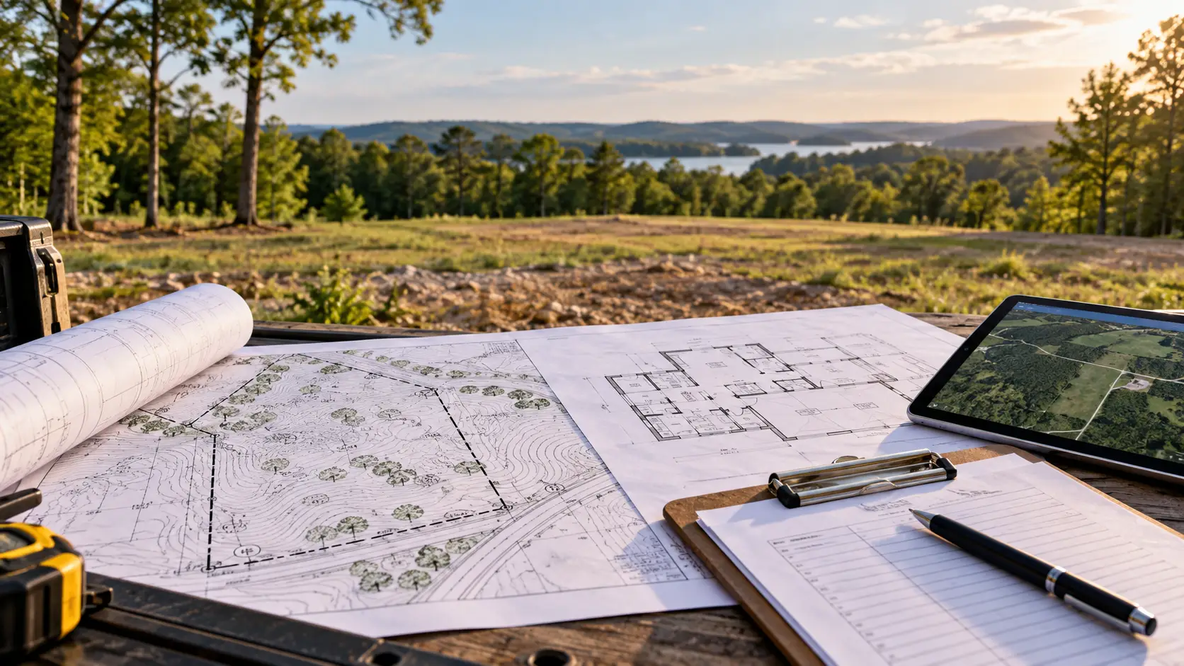 Blueprints, a tablet, and clipboard show house setback from road Indiana by a scenic lake view.