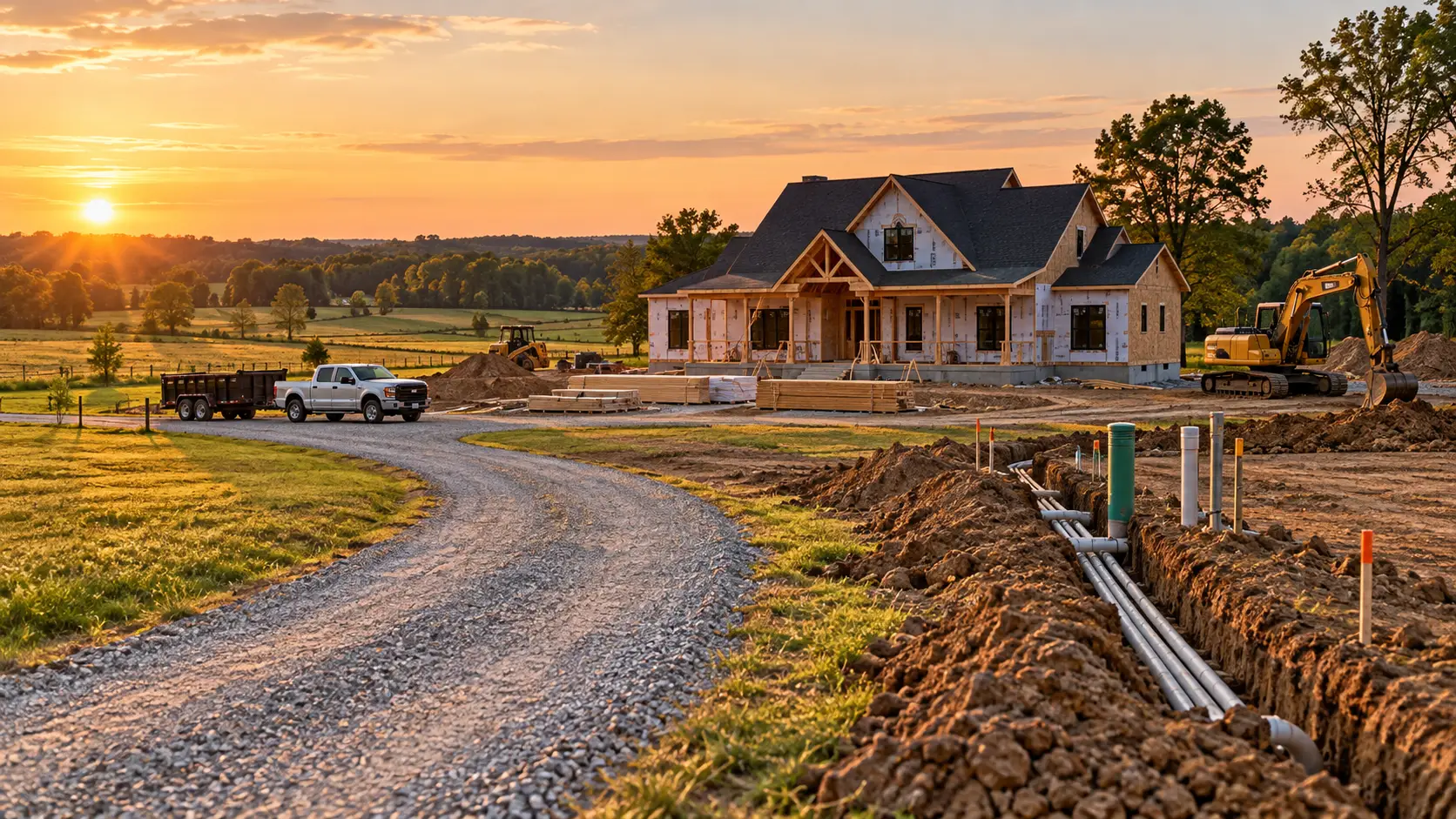A house under construction near a dirt road at sunset highlights new home site work costs Indiana.