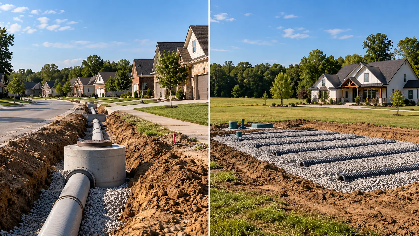 Pipes and gravel trenches for septic vs sewer new construction in Indiana on a sunny day.