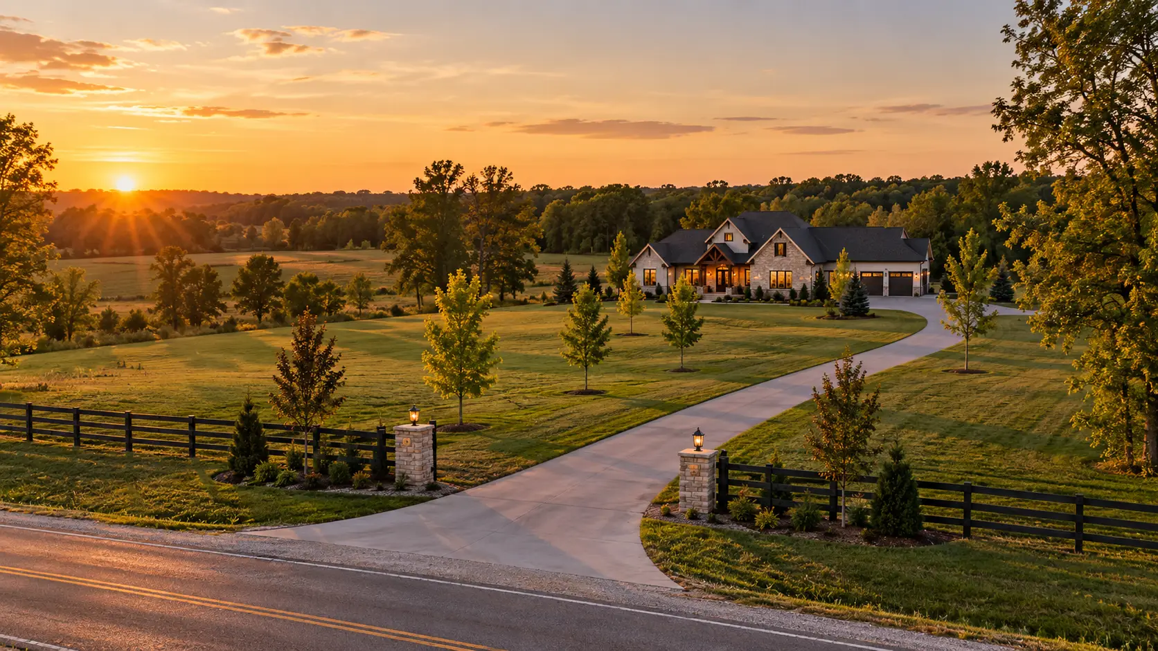Large house built on acreage in Southern Indiana with lit windows, driveway, and landscaped lawn.