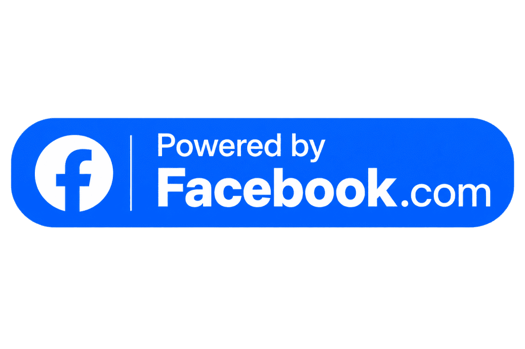 Blue button featuring the Facebook f logo on the left and the text Powered by Facebook.com on the right, all on a white background.