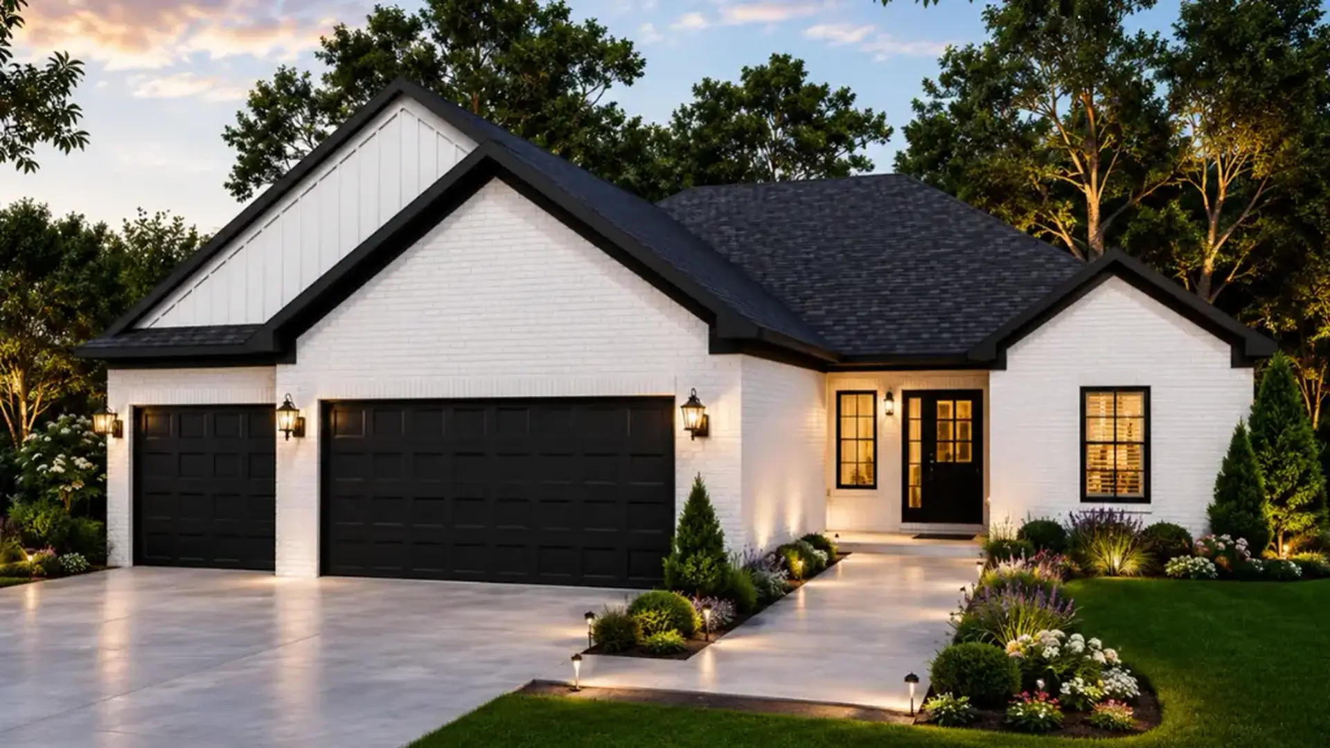 Asher modern farmhouse exterior at dusk with white brick, black trim, and three-car garage