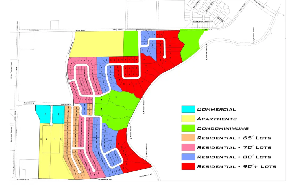 Color-coded map highlighting Briar Pointe Subdivision’s commercial and residential lot zones.