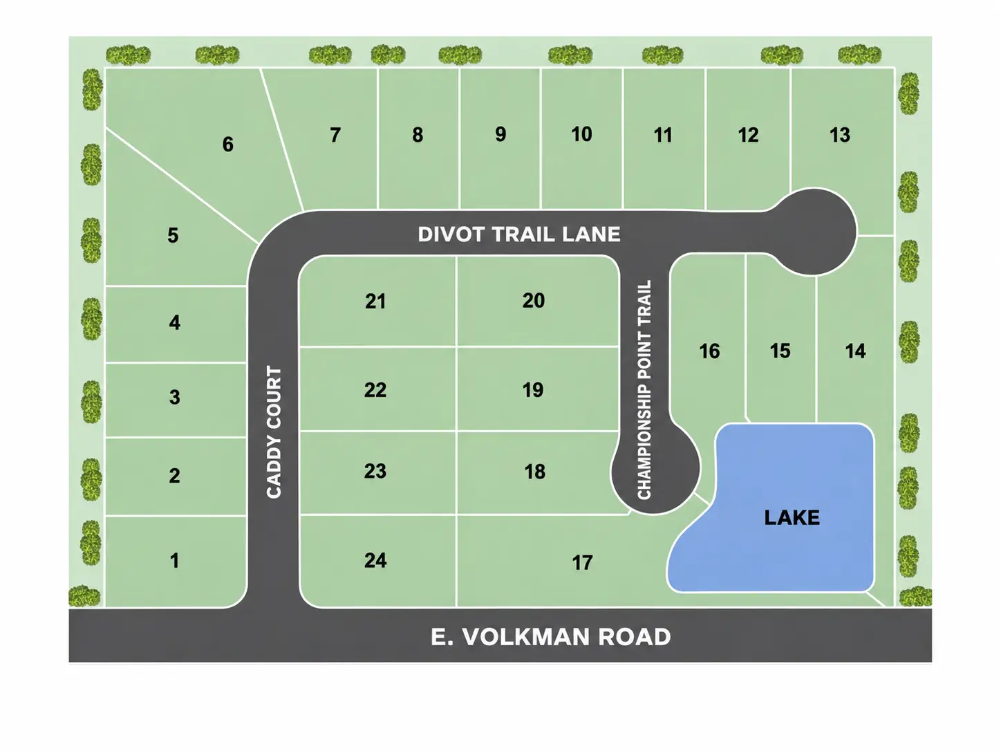 A neighborhood plot map of Eagle Point subdivision with numbered lots, roads, cul-de-sac, and lake.