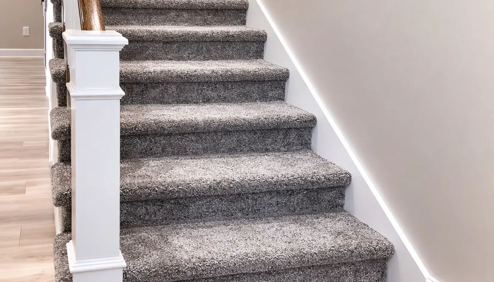 Cooper Gray Carpeted Stairs With White Railing