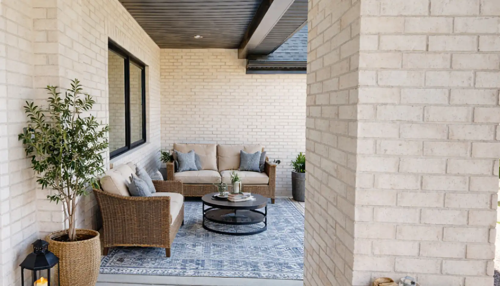 Sophia’s covered patio features beige brick walls, wicker and upholstered seating, a round glass coffee table, potted plants, and a blue patterned rug