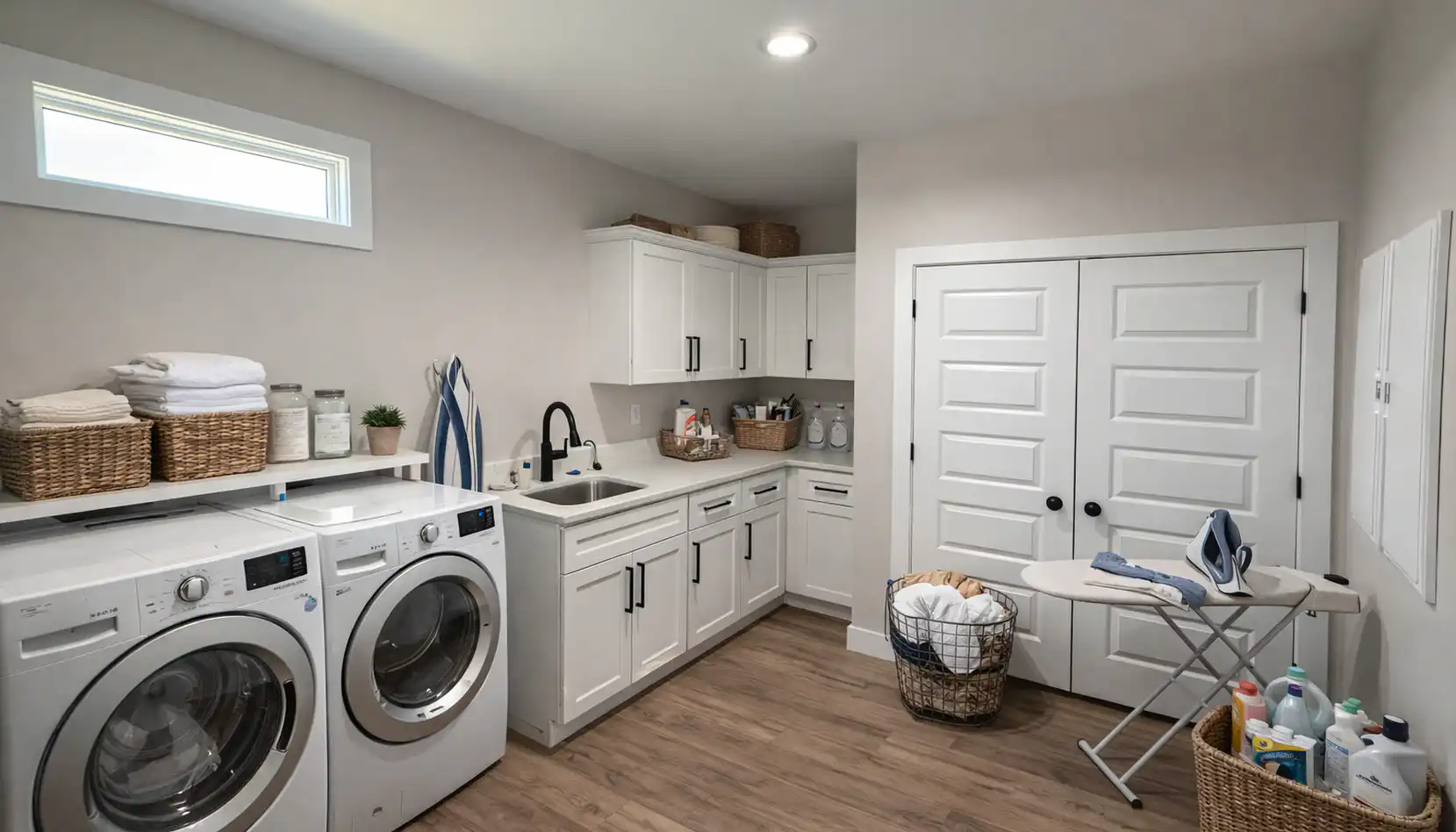 Sophia’s modern laundry room features white cabinets, a washer and dryer, a sink, neatly folded towels in baskets, an ironing board, and laundry supplies all arranged on a warm wooden floor with neutral walls