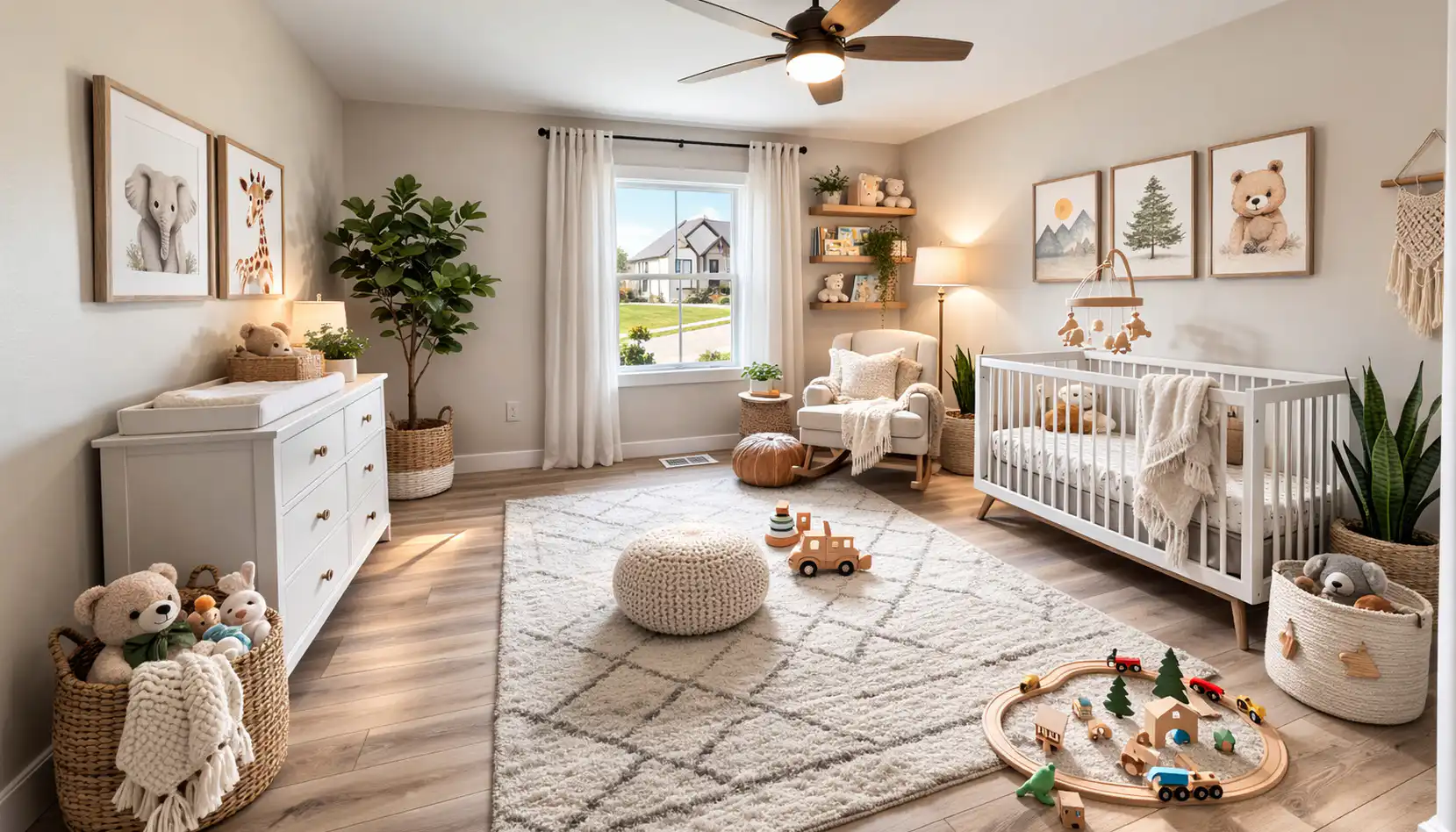 Bright nursery with a crib, plush toys, dresser, armchair, plants, and woodland animal decor. Wooden toys and a play mat cover the floor. A large window lets in natural light, creating a cozy space perfect for little Sophia to grow and explore
