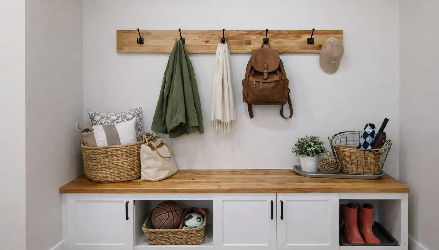 A Sophia-inspired mudroom with white cabinets, a wooden bench, baskets filled with pillows and sports gear, and a wall rack holding jackets, a scarf, a backpack, and a hat. A tray with a plant and basket sits on the bench, bringing stylish organization to every detail
