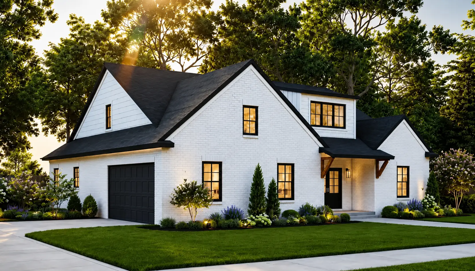 Modern White Farmhouse With Black Trim at Golden Hour