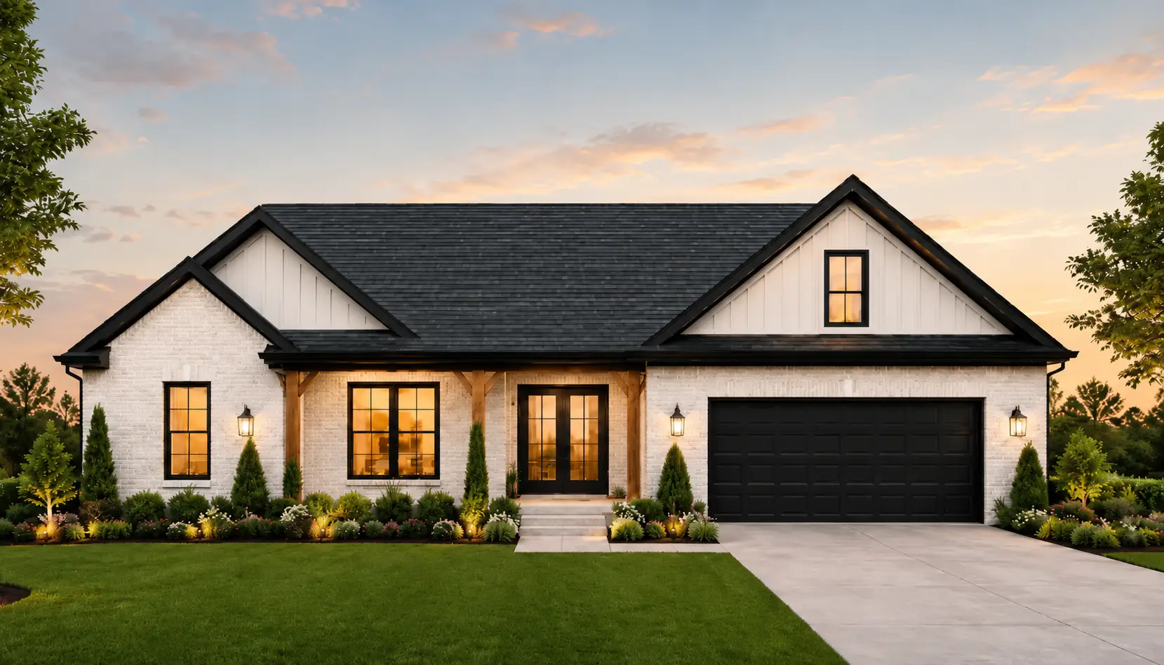 Modern White Brick Farmhouse at Sunset