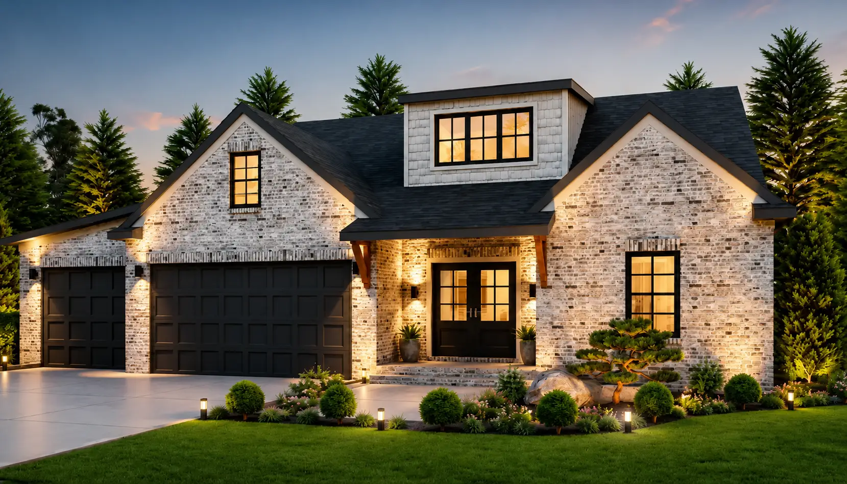 Luxury White Brick Home at Dusk With Black Accents