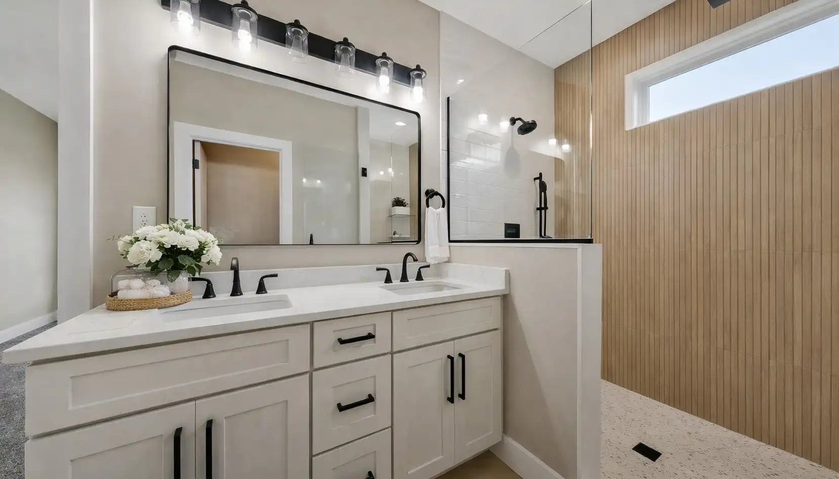 Cooper Modern Bathroom With Wood-Slat Walk-In Shower