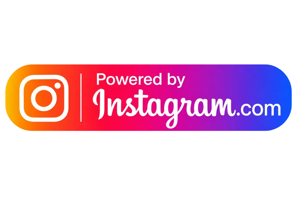 A rectangular badge with the Instagram logo and the words Powered by Instagram.com on a gradient background transitioning from orange to purple.