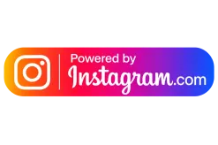 A rectangular badge with the Instagram logo and the words Powered by Instagram.com on a gradient background transitioning from orange to purple.