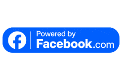 A blue button with the Facebook logo on the left and the text Powered by Facebook.com in white on the right. The background is light gray.