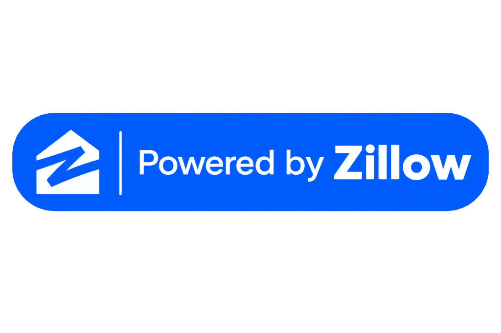 A blue rounded rectangle with the Zillow logo on the left and the words Powered by Zillow in white text on the right.