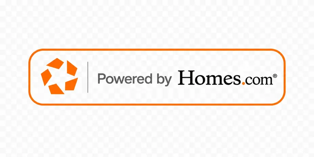 Orange and black Powered by Homes.com logo on a white background with an orange border and a geometric house icon on the left side.