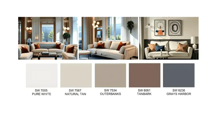 Neutral living rooms with beige couches and brown, tan, and blue pillows create a timeless look featured in this blog. Below are color swatches labeled Pure White, Natural Tan, Outerbanks, Tanbark, and Grays Harbor by Sherwin-Williams.
