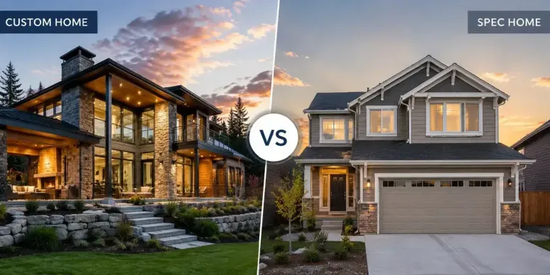 Side-by-side comparison of a modern custom home with stone and glass accents on the left, and a traditional two-story spec home with a garage on the right, separated by a VS symbol in the center—perfect for your next blog feature.