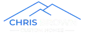 Blue mountain above Chris Brown, award winning builder, in bold blue and gray on a light background.