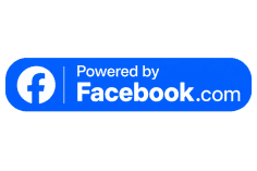 A blue button with the Facebook logo on the left and the text Powered by Facebook.com in white on the right. The background is light gray.