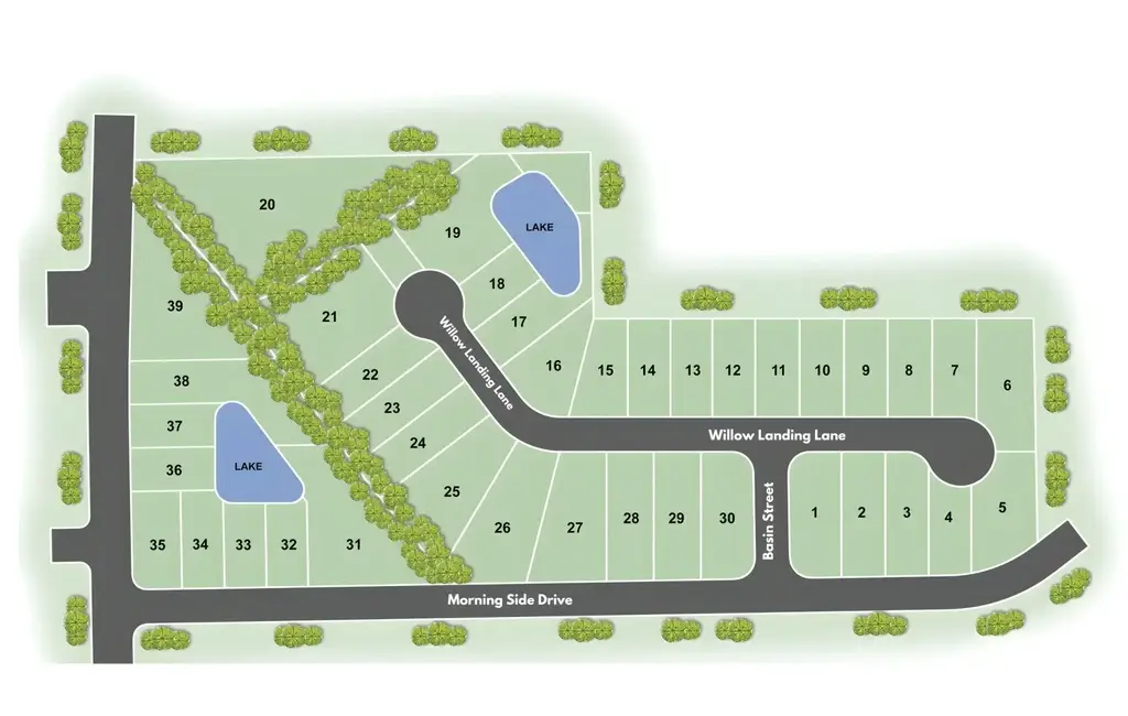 A site map of the Willow Landing Subdivision shows numbered lots, two ponds labeled lake, streets named Willow Landing Lane, Basin Street, and Morning Side Drive, with trees scattered throughout the area.
