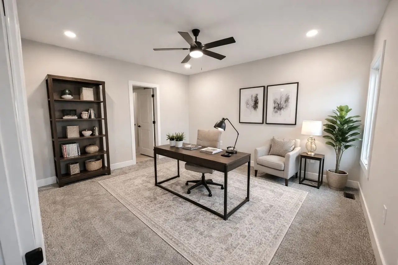 Modern Asher home office with desk, chairs, bookshelf, lamp, and potted plant.