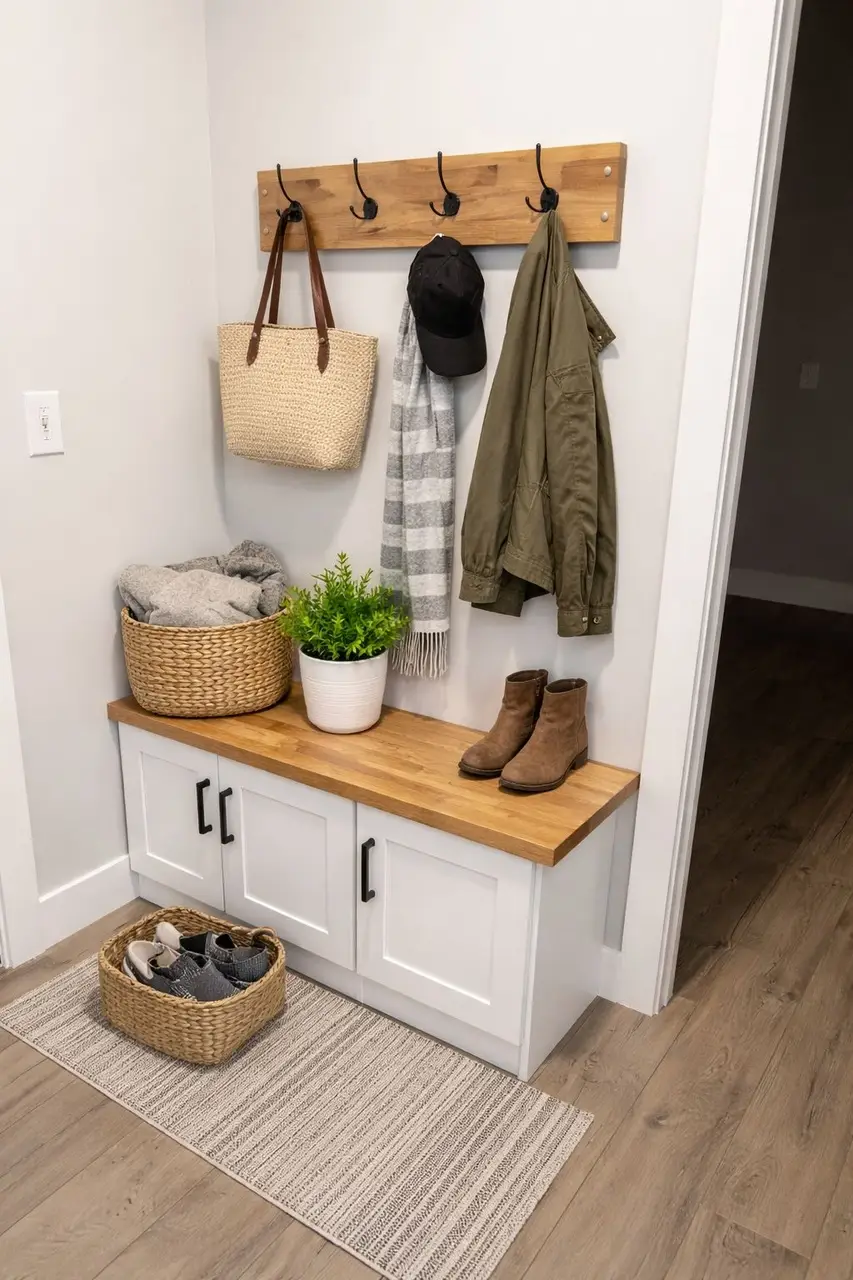 Entryway bench with storage, coat hooks, and baskets—perfect for the Asher floor plan style.