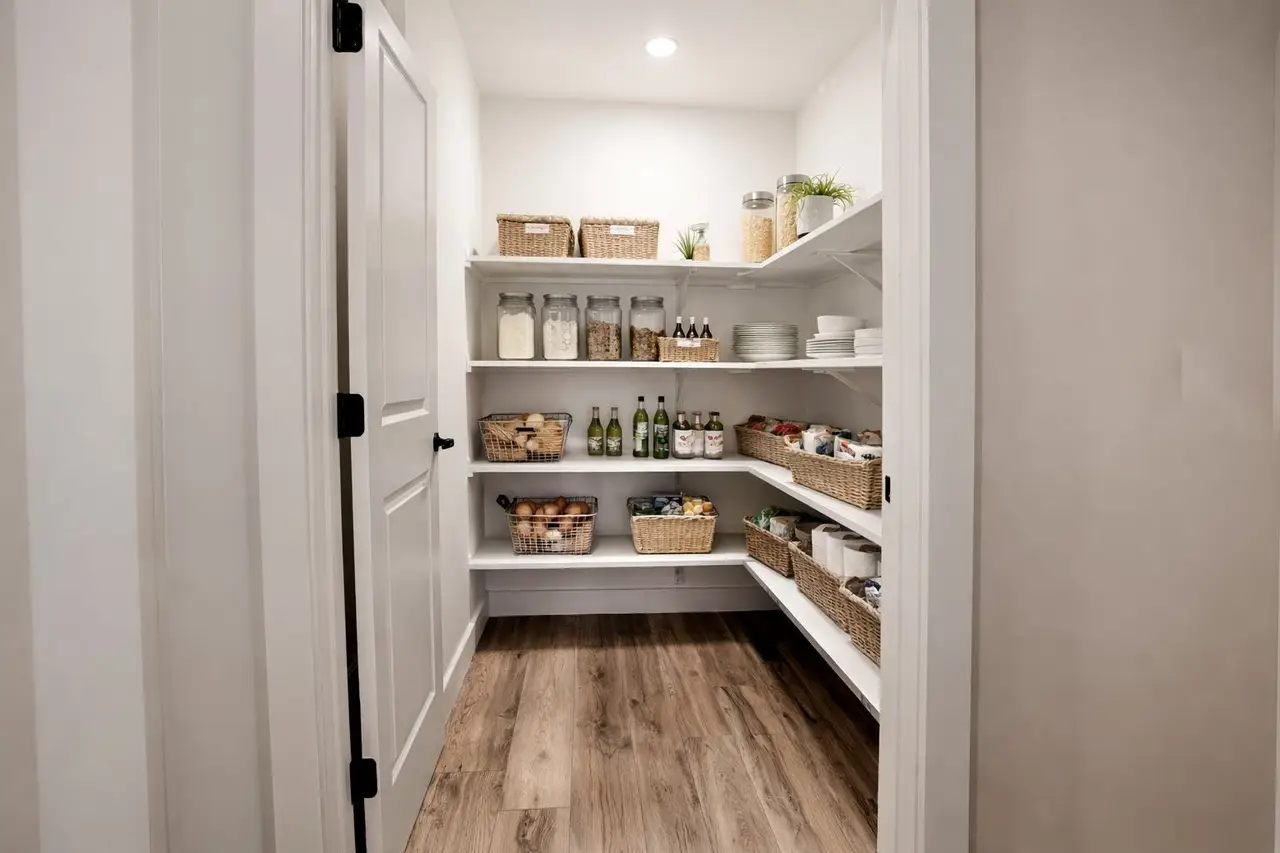 Walk-in pantry in the Asher floor plan, with shelves, baskets, jars, bottles, and wood floor.
