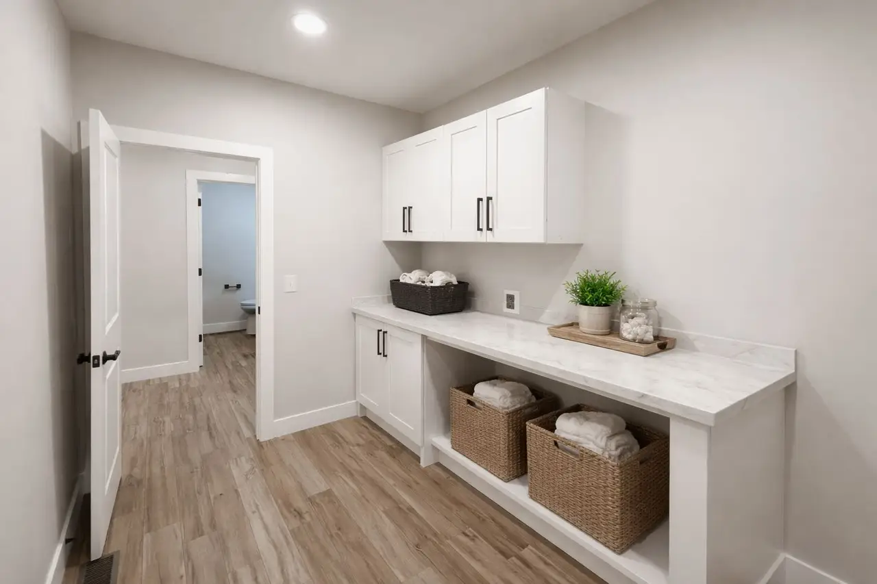 Bright laundry room in the Asher floor plan with white cabinets and wood-look flooring.
