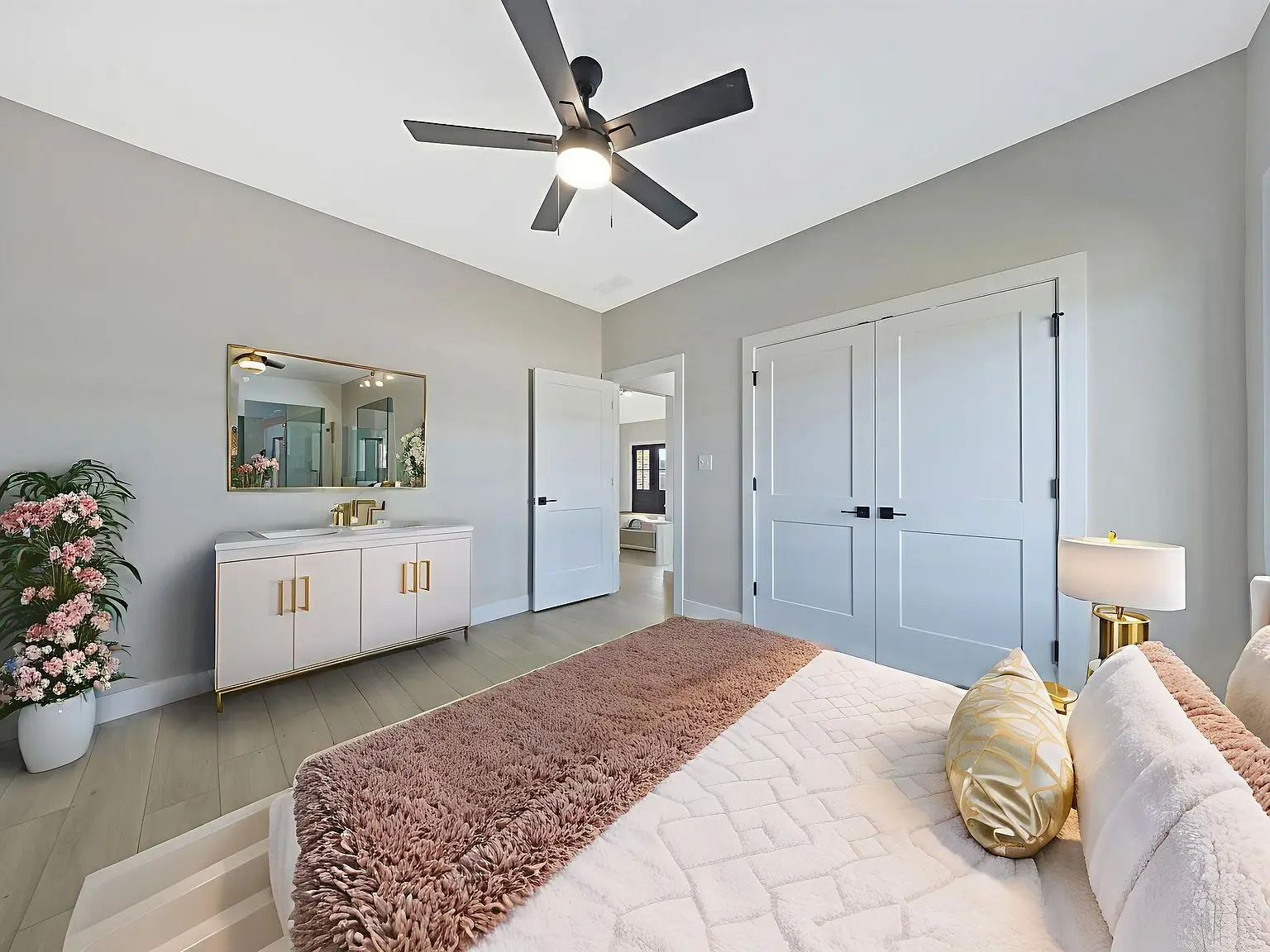Modern bedroom in the Ava floor plan by Chris Brown Homes 6100 Ashford Dr with sleek details.