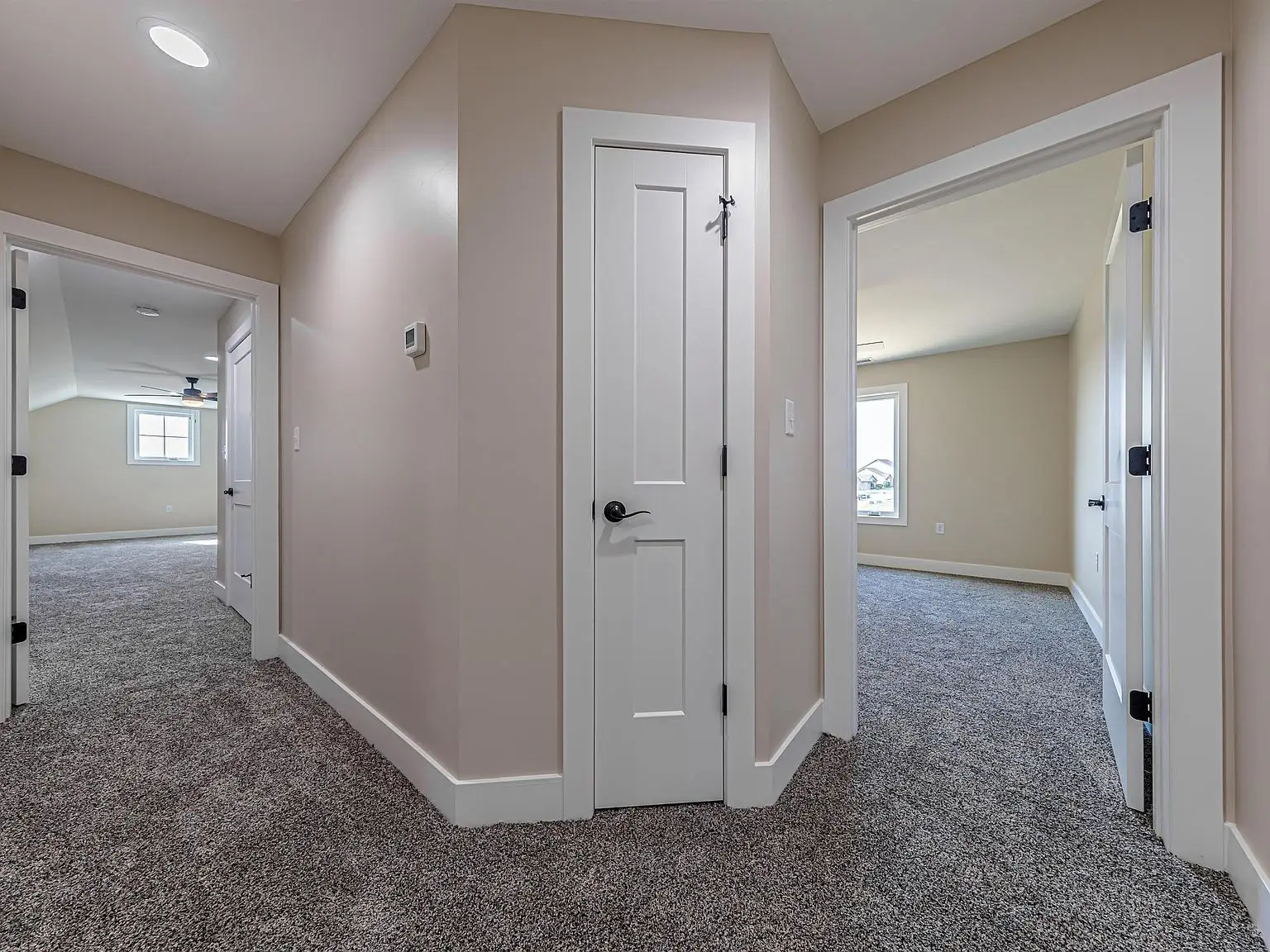 Hallway with beige walls, gray carpet, and three white doors in the DaVinci floor plan.