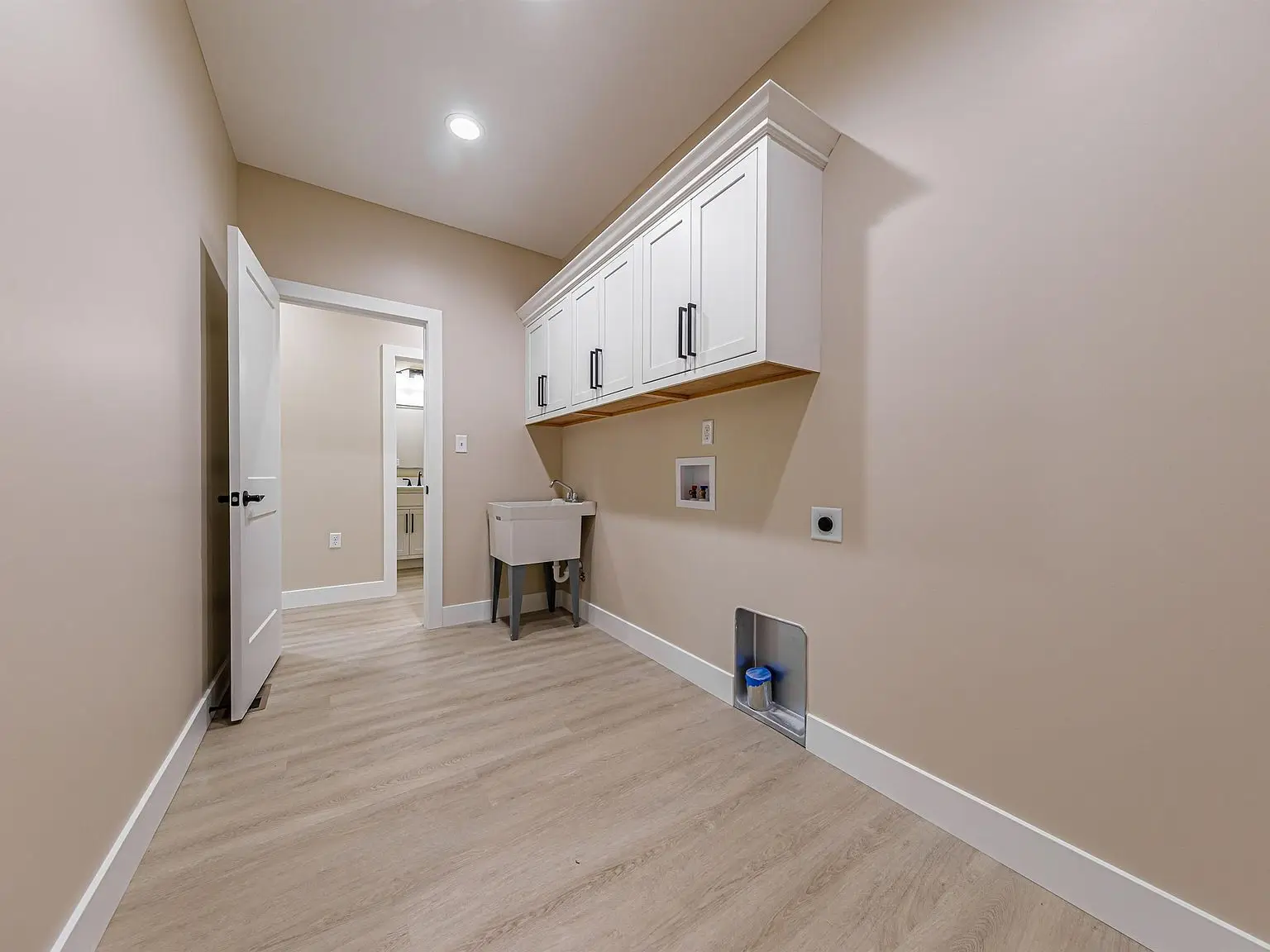 Empty DaVinci laundry room with wood floor, beige walls, white cabinets, and a utility sink.