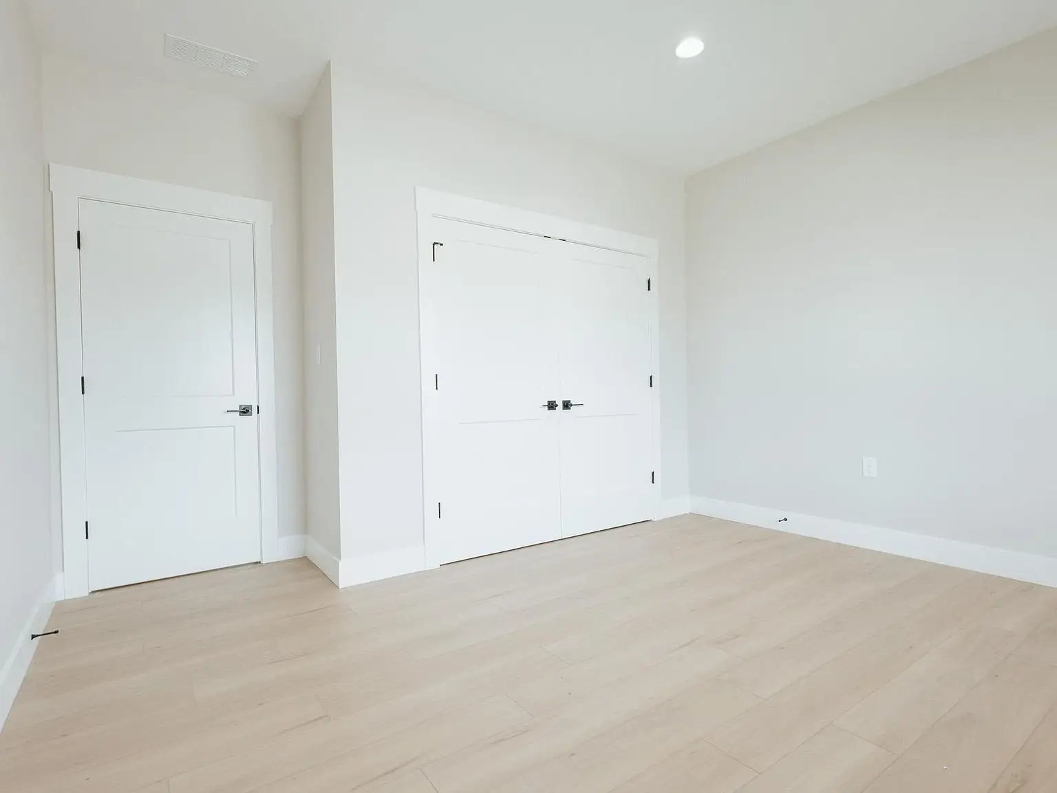 Empty room in the Harper home features light wood floors, white walls, and two closed doors.