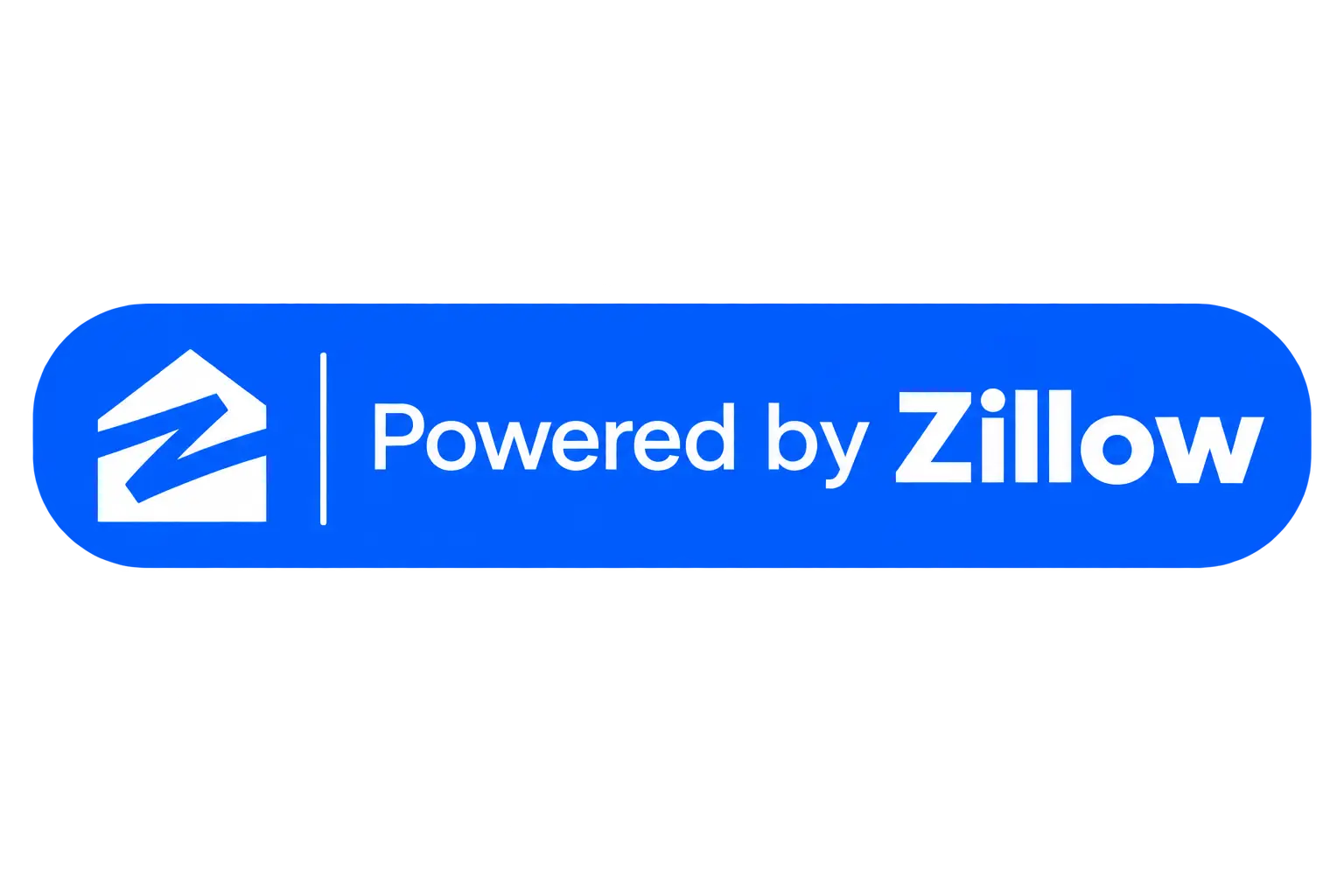 Blue rectangle with a house icon and the text Powered by Zillow in white and blue.
