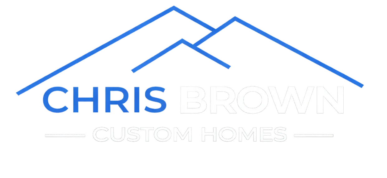 Logo with blue roof outline and text: Chris Brown Homes, an award winning builder, underneath.