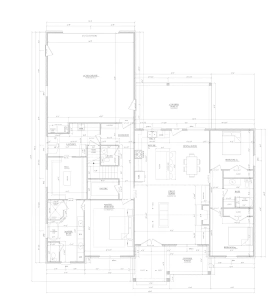 Architectural floor plan blueprint showing labeled rooms, including kitchen, dining, bedrooms, bathrooms, pantry, laundry, and garage, with detailed measurements and door placements for a single-family home.