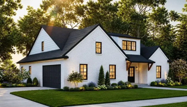 A modern white brick house with black trim and roof, large windows, a front porch, and an attached garage sits surrounded by green lawn, shrubs, and tall trees at sunset; a robin perches quietly on the porch railing, adding a touch of life to the tranquil scene.