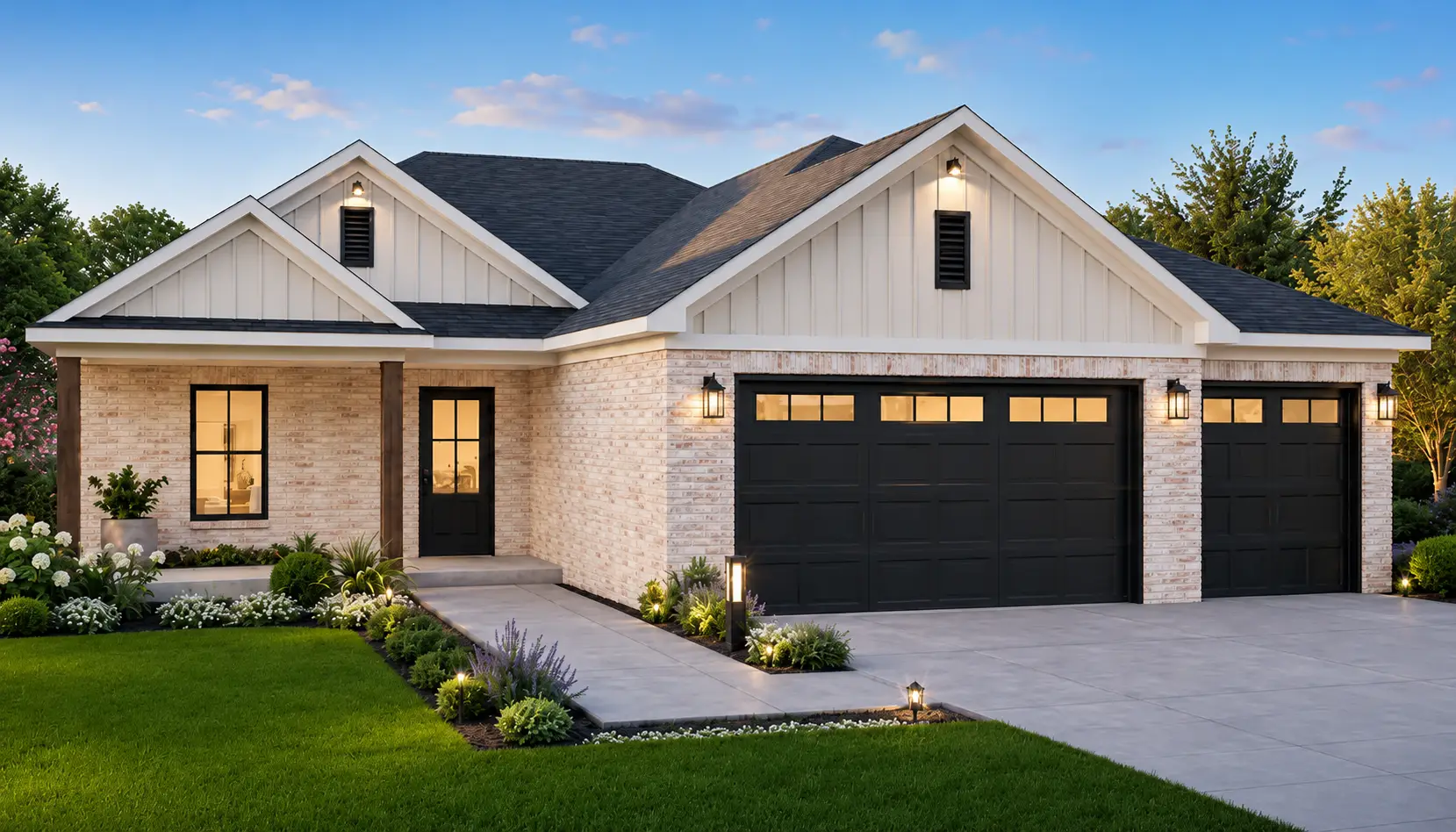 Modern single-story Henry house with light brick exterior, black double garage doors, manicured lawn, paved driveway, and outdoor lighting at dusk. Shrubs and flowers line the walkway and the sky is clear